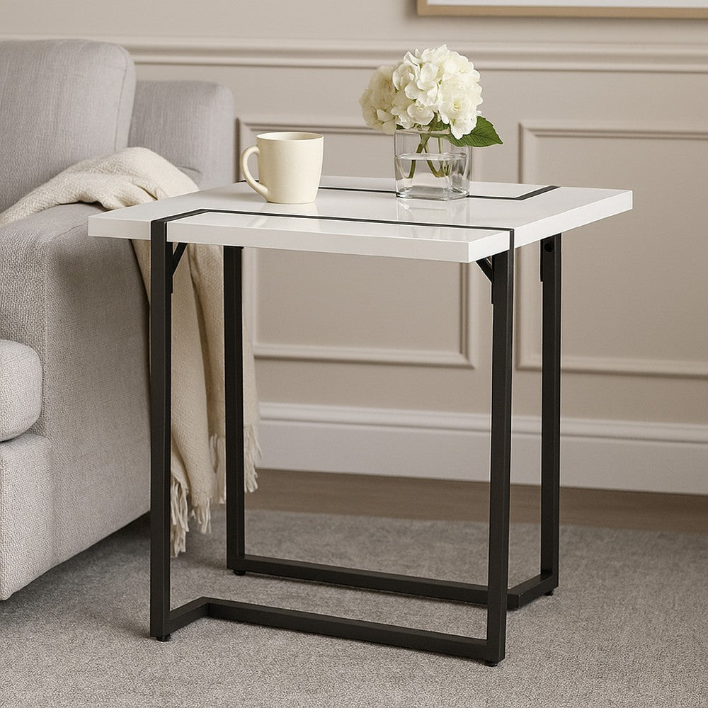 Benjara Iry Side End Table, Black Steel Sled Base, 22 Inch, Gloss White Lacquer