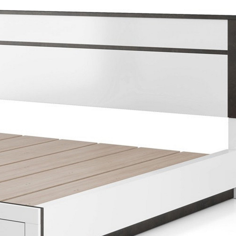 Benjara Kena King Size Bed, White Gray Panel Headboard, Footboard Storage Drawers