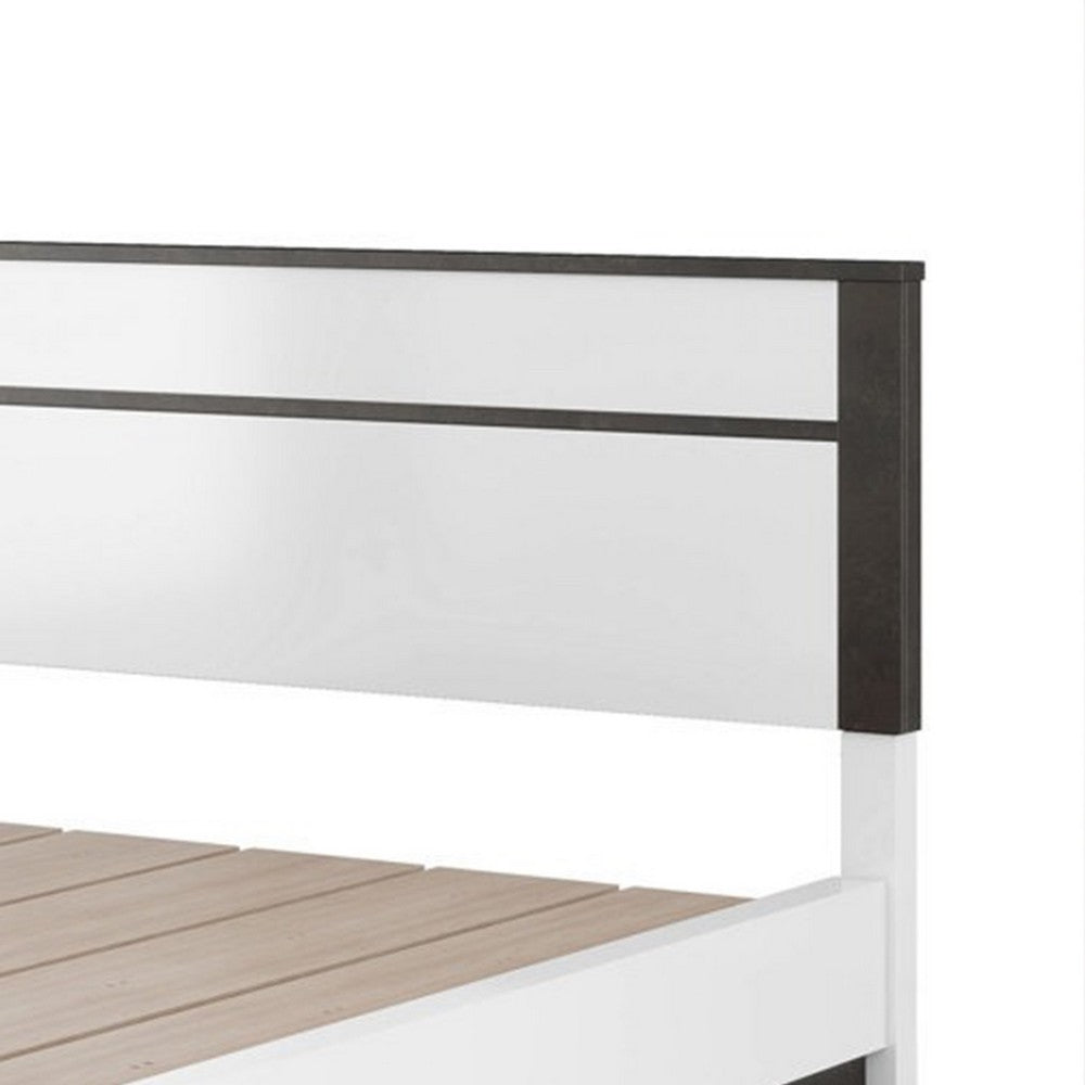 Benjara Kena King Size Bed, White Gray Panel Headboard, Footboard Storage Drawers