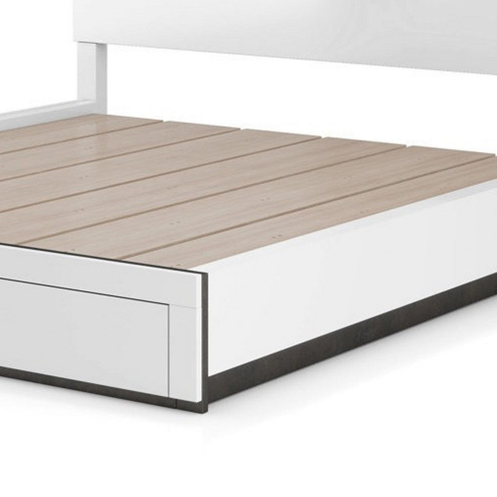 Benjara Kena King Size Bed, White Gray Panel Headboard, Footboard Storage Drawers