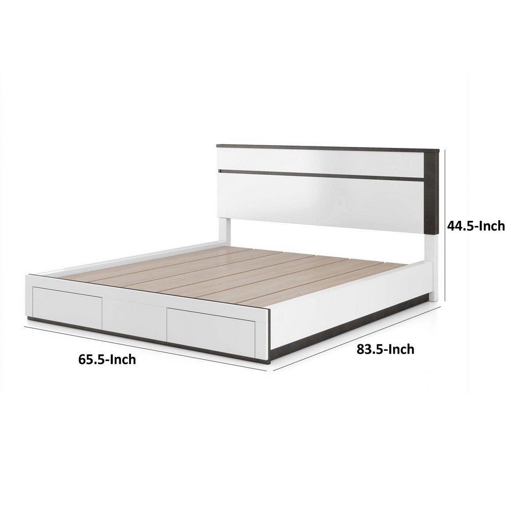 Benjara Kena King Size Bed, White Gray Panel Headboard, Footboard Storage Drawers
