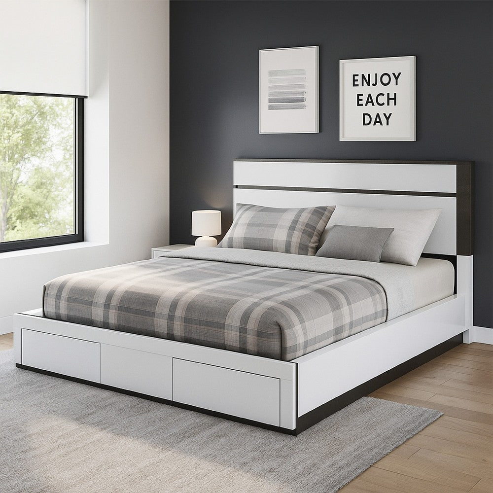 Benjara Kena King Size Bed, White Gray Panel Headboard, Footboard Storage Drawers