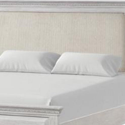 Benjara Leyne Queen Bed, Cream Upholstery, Dentil Molding Weathered Gray Wood