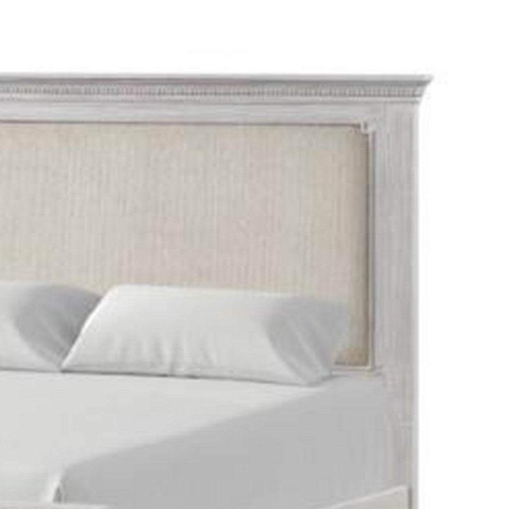 Benjara Leyne Queen Bed, Cream Upholstery, Dentil Molding Weathered Gray Wood