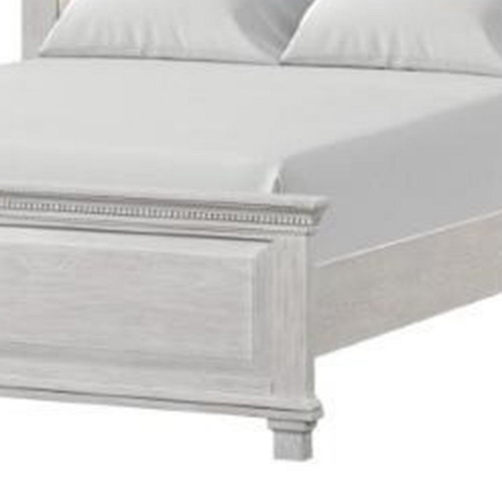 Benjara Leyne Queen Bed, Cream Upholstery, Dentil Molding Weathered Gray Wood