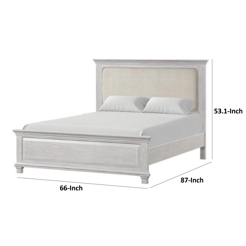Benjara Leyne Queen Bed, Cream Upholstery, Dentil Molding Weathered Gray Wood
