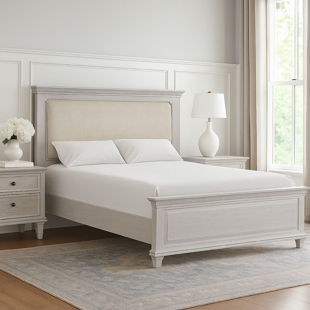 Benjara Leyne Queen Bed, Cream Upholstery, Dentil Molding Weathered Gray Wood