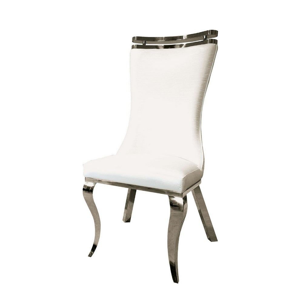 Benjara Bedy Dining Side Chair Set of 2, Textured White Velvet, Silver Saber Legs