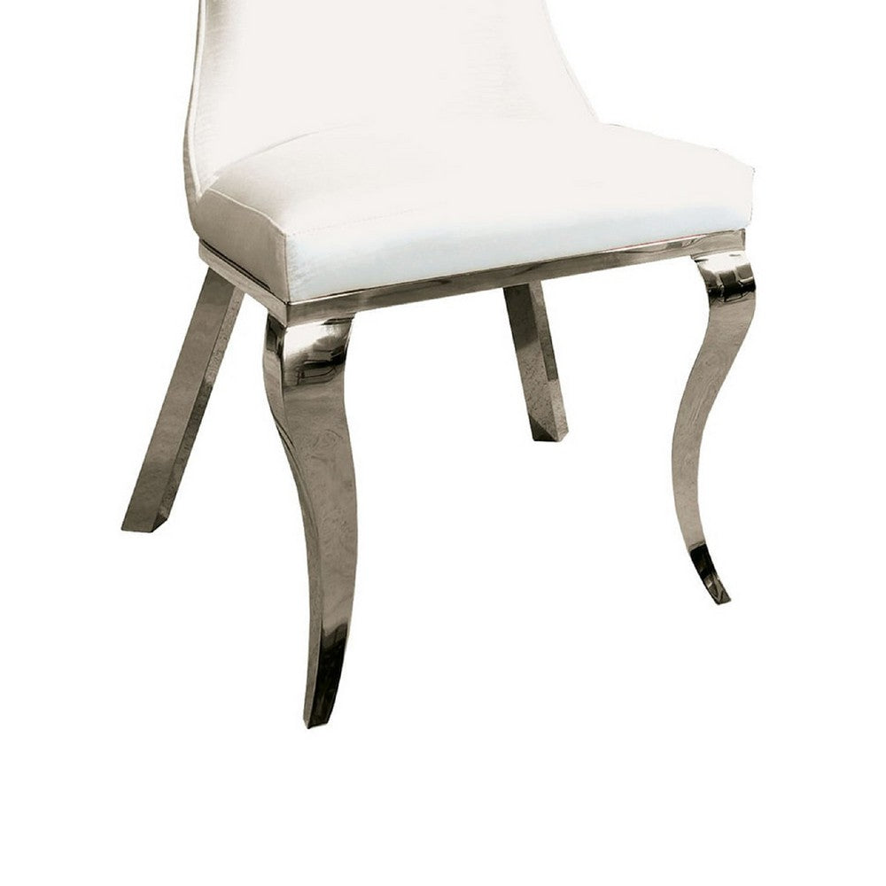 Benjara Bedy Dining Side Chair Set of 2, Textured White Velvet, Silver Saber Legs