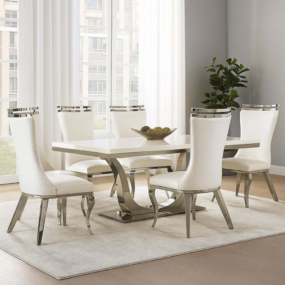 Benjara Bedy Dining Side Chair Set of 2, Textured White Velvet, Silver Saber Legs