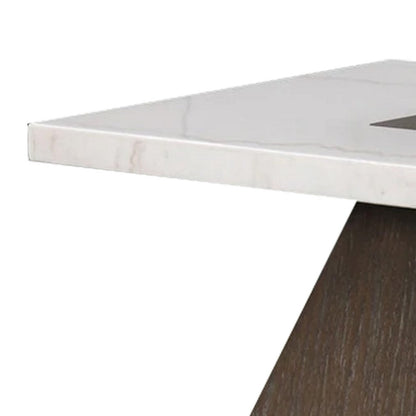 Benjara Asten Coffee Table, 48 Inch White Marble, Walnut Brown Pedestal Base