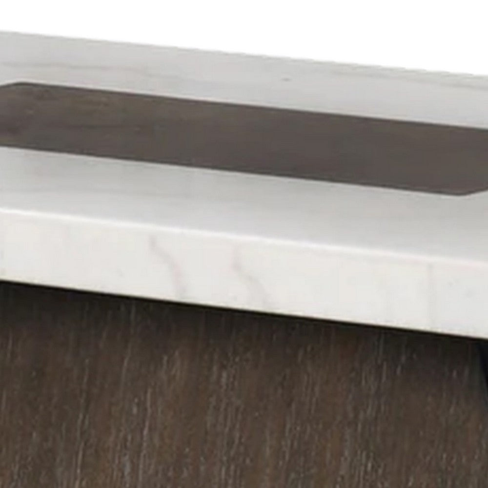 Benjara Asten Coffee Table, 48 Inch White Marble, Walnut Brown Pedestal Base