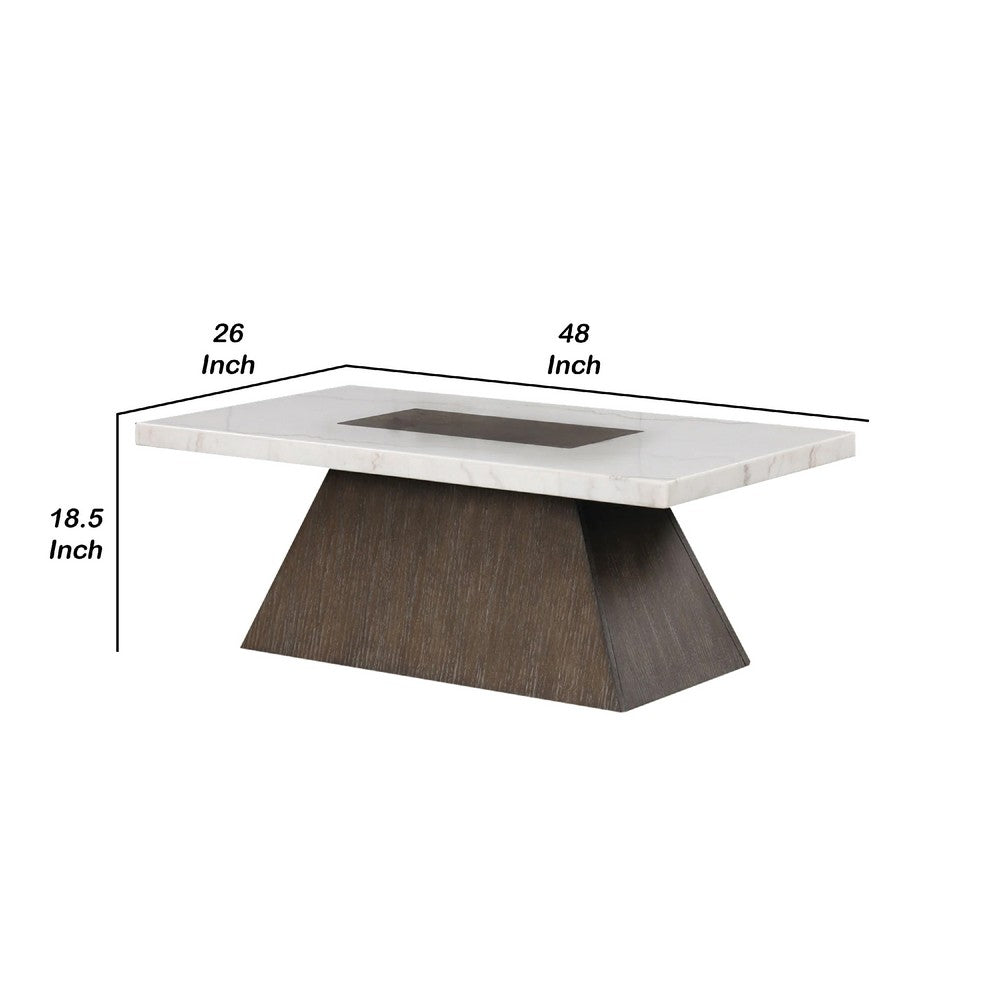 Benjara Asten Coffee Table, 48 Inch White Marble, Walnut Brown Pedestal Base