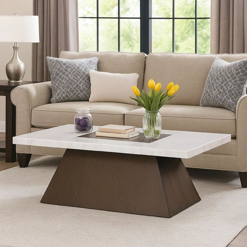 Benjara Asten Coffee Table, 48 Inch White Marble, Walnut Brown Pedestal Base