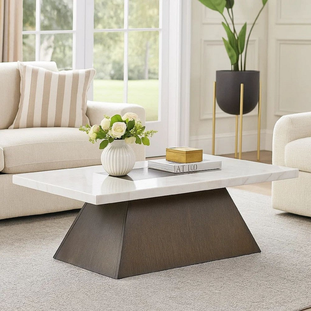 Benjara Asten Coffee Table, 48 Inch White Marble, Walnut Brown Pedestal Base