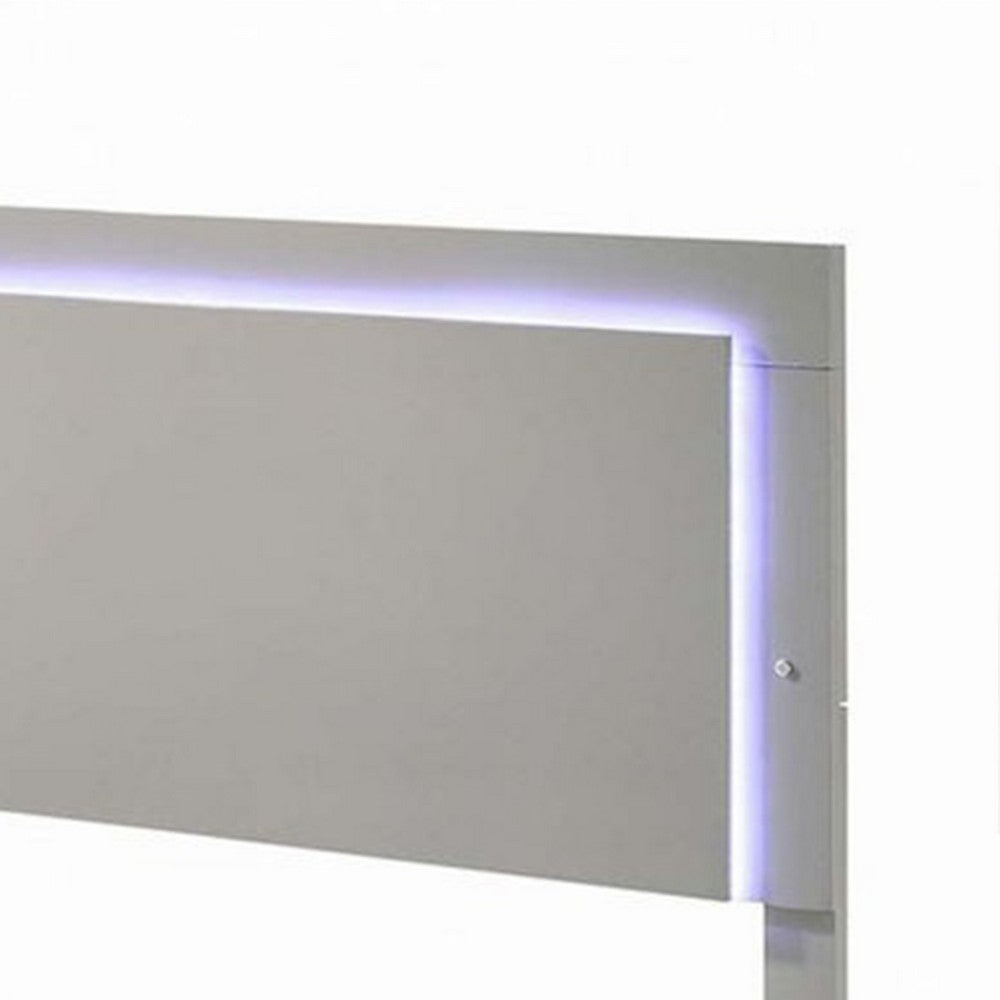 Benjara Suni King Size Bed w LED Headboard, Light Taupe Gray Wood Frame