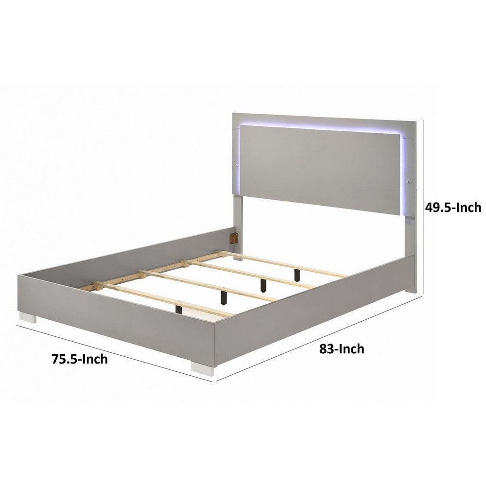 Benjara Suni King Size Bed w LED Headboard, Light Taupe Gray Wood Frame