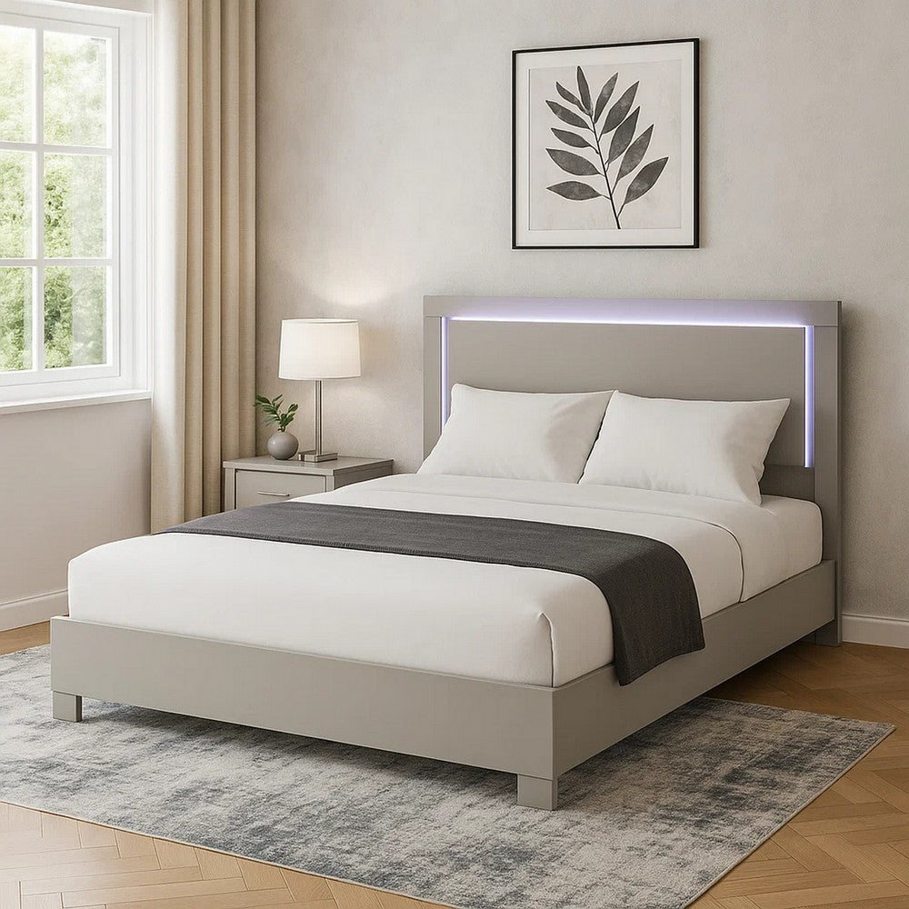 Benjara Suni King Size Bed w LED Headboard, Light Taupe Gray Wood Frame