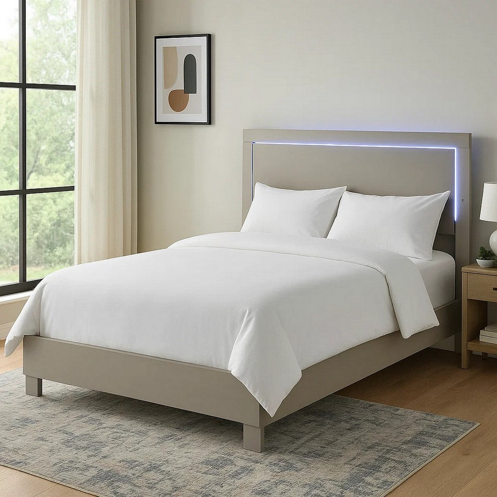 Benjara Suni King Size Bed w LED Headboard, Light Taupe Gray Wood Frame