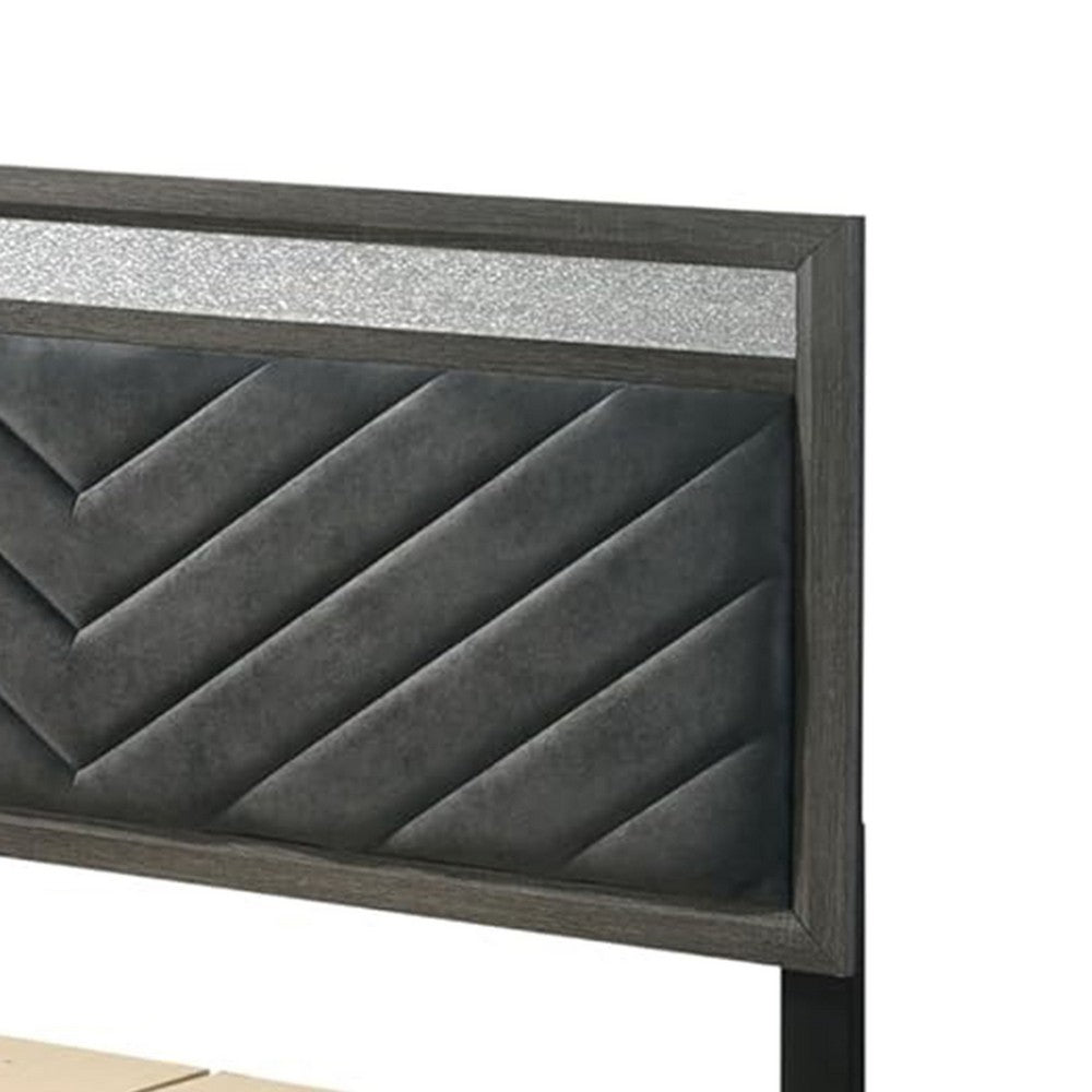 Benjara Lito Queen Size Bed w Padded Headboard, 2 Footboard Drawers, Gray
