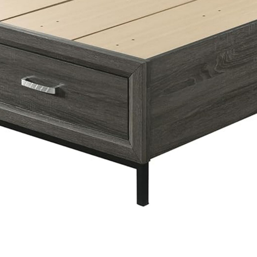 Benjara Lito Queen Size Bed w Padded Headboard, 2 Footboard Drawers, Gray