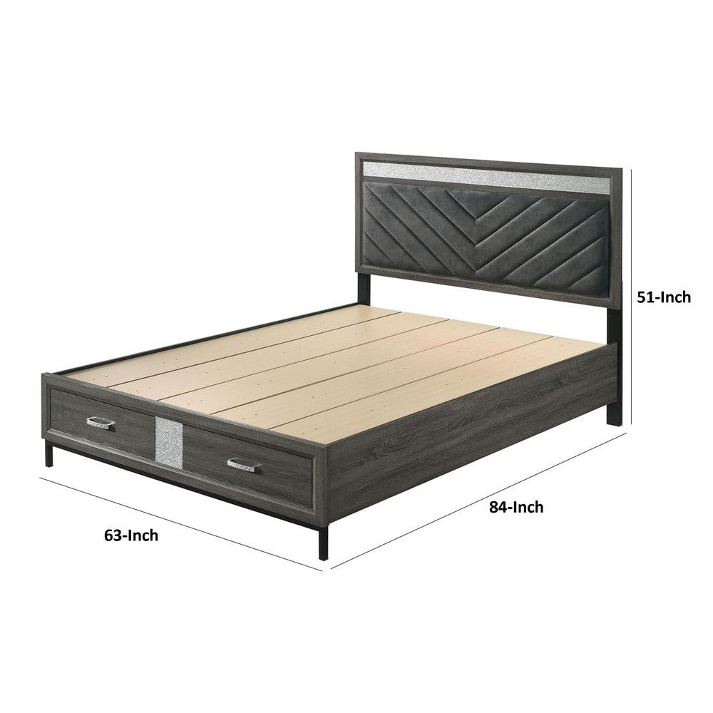 Benjara Lito Queen Size Bed w Padded Headboard, 2 Footboard Drawers, Gray