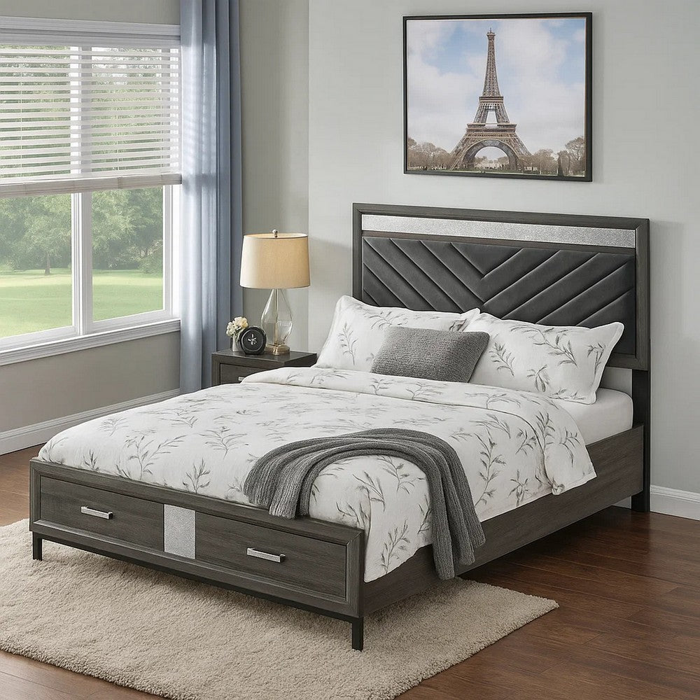 Benjara Lito Queen Size Bed w Padded Headboard, 2 Footboard Drawers, Gray