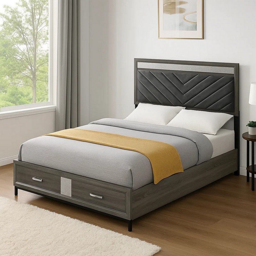 Benjara Lito Queen Size Bed w Padded Headboard, 2 Footboard Drawers, Gray