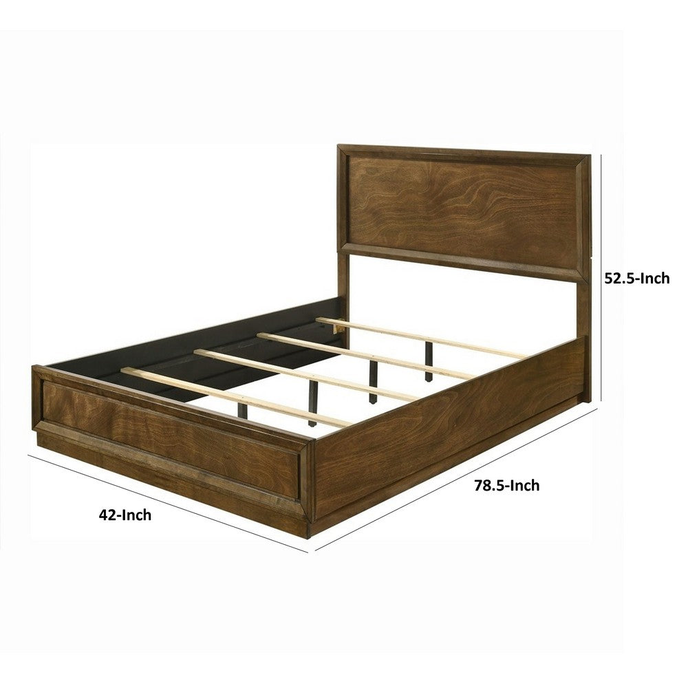 Benjara Rouk Twin Size Bed w Panel Headboard, Walnut Brown Okume Veneer