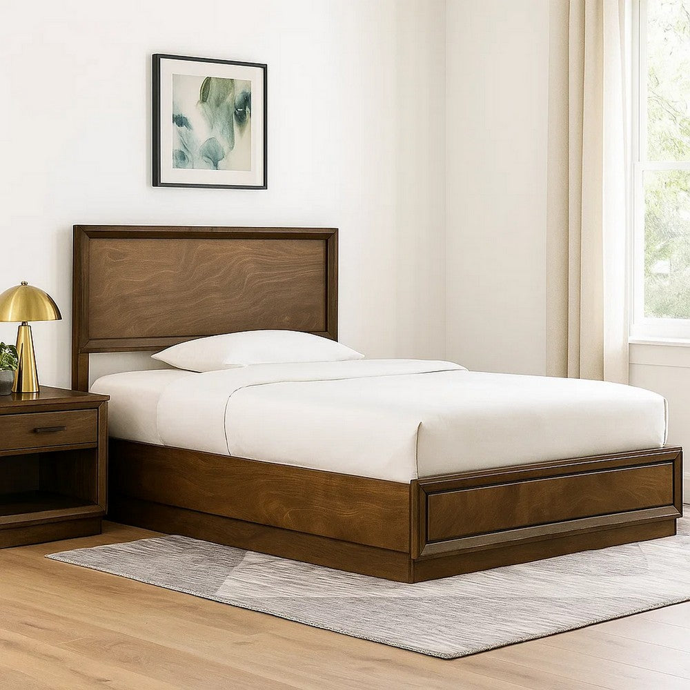 Benjara Rouk Twin Size Bed w Panel Headboard, Walnut Brown Okume Veneer