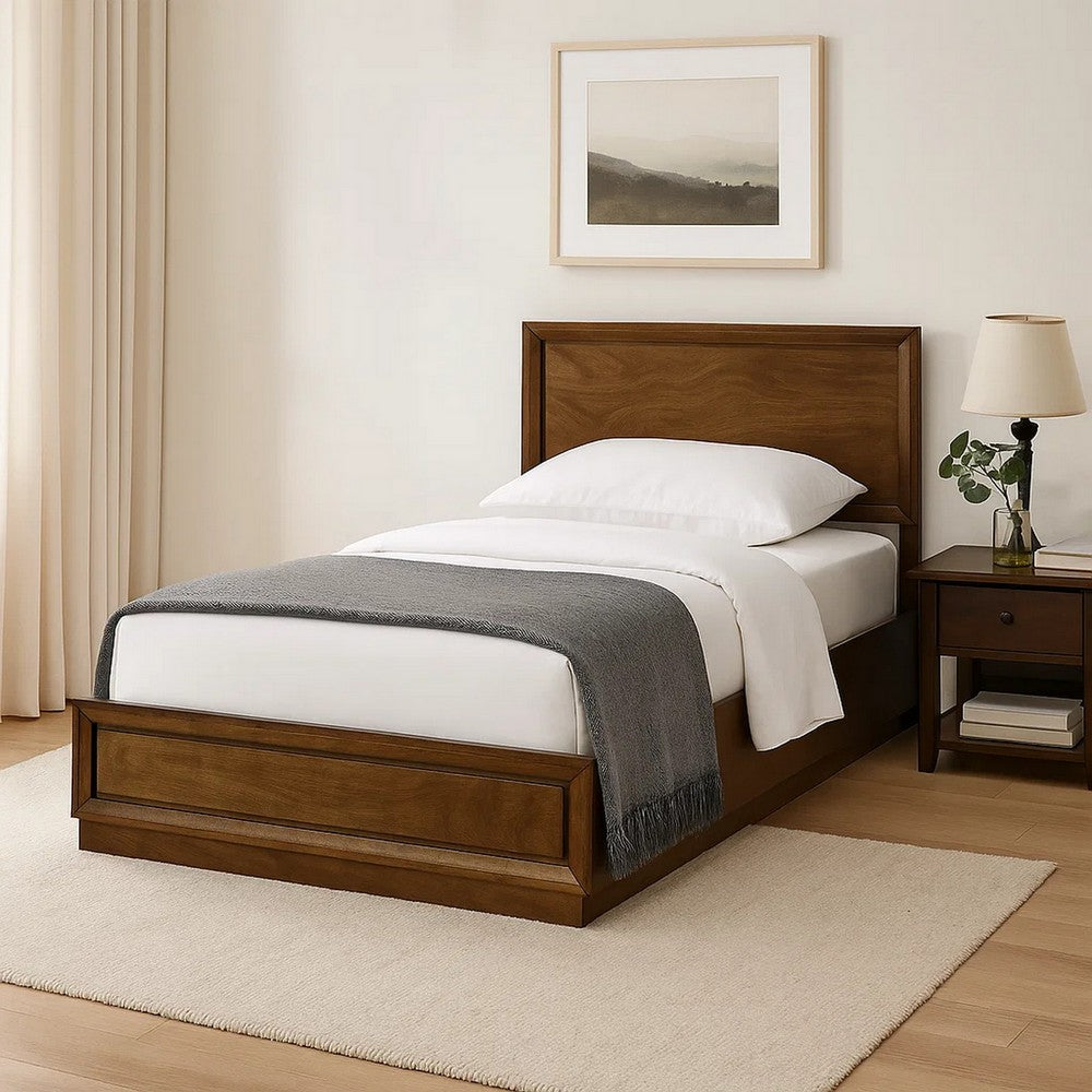 Benjara Rouk Twin Size Bed w Panel Headboard, Walnut Brown Okume Veneer