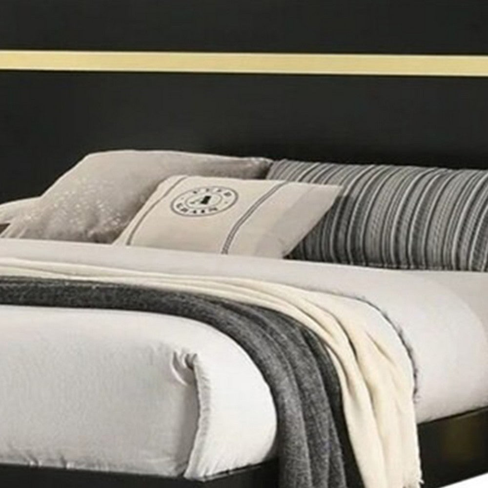 Benjara Yoki Queen Size Bed w Underbed LED, Acrylic Gold Trim, Black Frame