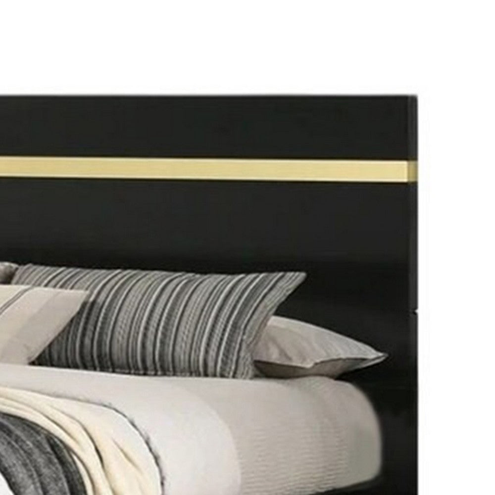 Benjara Yoki Queen Size Bed w Underbed LED, Acrylic Gold Trim, Black Frame