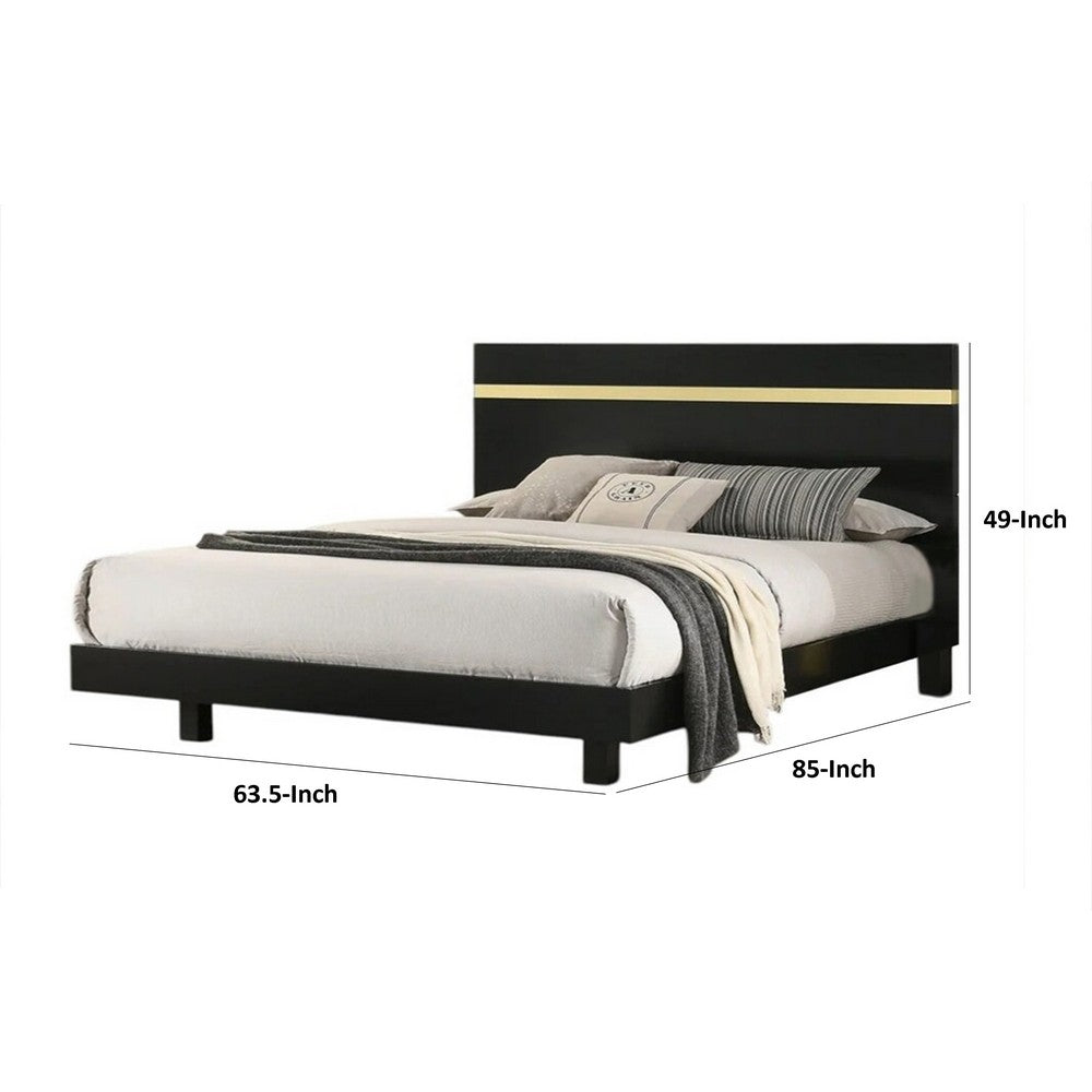Benjara Yoki Queen Size Bed w Underbed LED, Acrylic Gold Trim, Black Frame