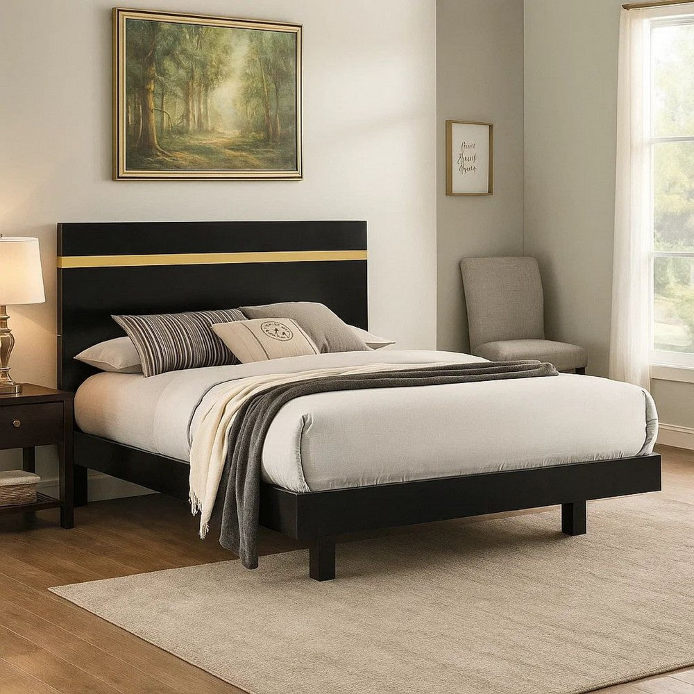 Benjara Yoki Queen Size Bed w Underbed LED, Acrylic Gold Trim, Black Frame
