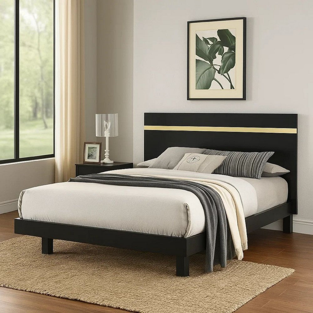 Benjara Yoki Queen Size Bed w Underbed LED, Acrylic Gold Trim, Black Frame