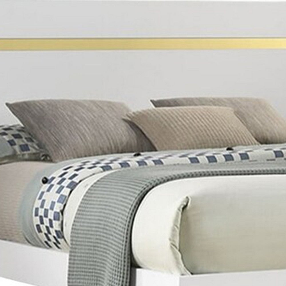 Benjara Yoki Queen Size Bed w Underbed LED, Acrylic Gold Trim, White Frame
