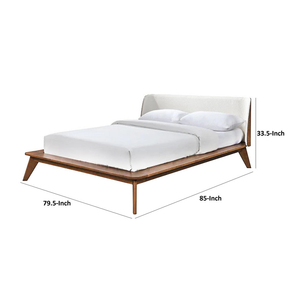 Benjara Linzy King Size Bed w Beige Boucle Winged Headboard, Walnut Brown