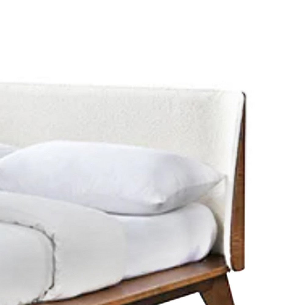 Benjara Linzy Full Size Bed w Beige Boucle Winged Headboard, Walnut Brown