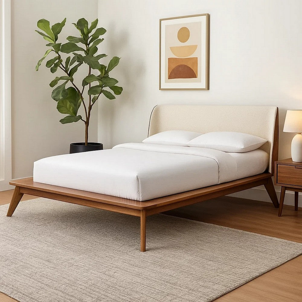 Benjara Linzy Full Size Bed w Beige Boucle Winged Headboard, Walnut Brown