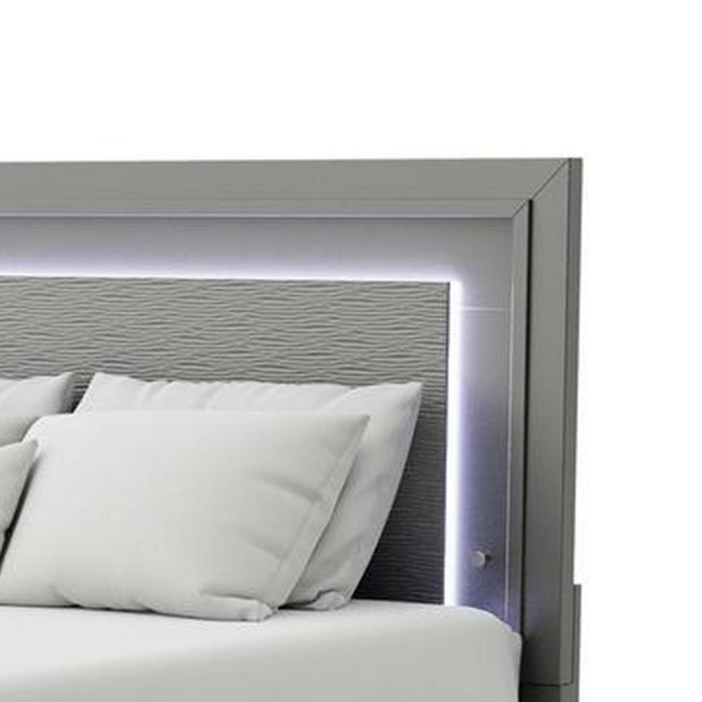 Benjara Aliso Queen Size Bed, LED Panel Headboard, Modern Metallic Gray