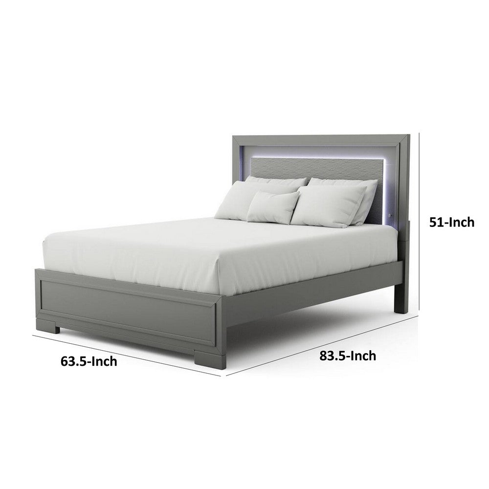 Benjara Aliso Queen Size Bed, LED Panel Headboard, Modern Metallic Gray