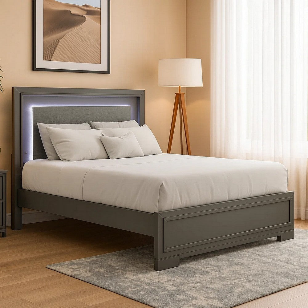 Benjara Aliso Queen Size Bed, LED Panel Headboard, Modern Metallic Gray