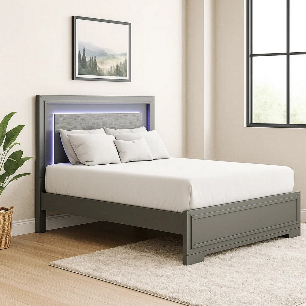 Benjara Aliso Queen Size Bed, LED Panel Headboard, Modern Metallic Gray