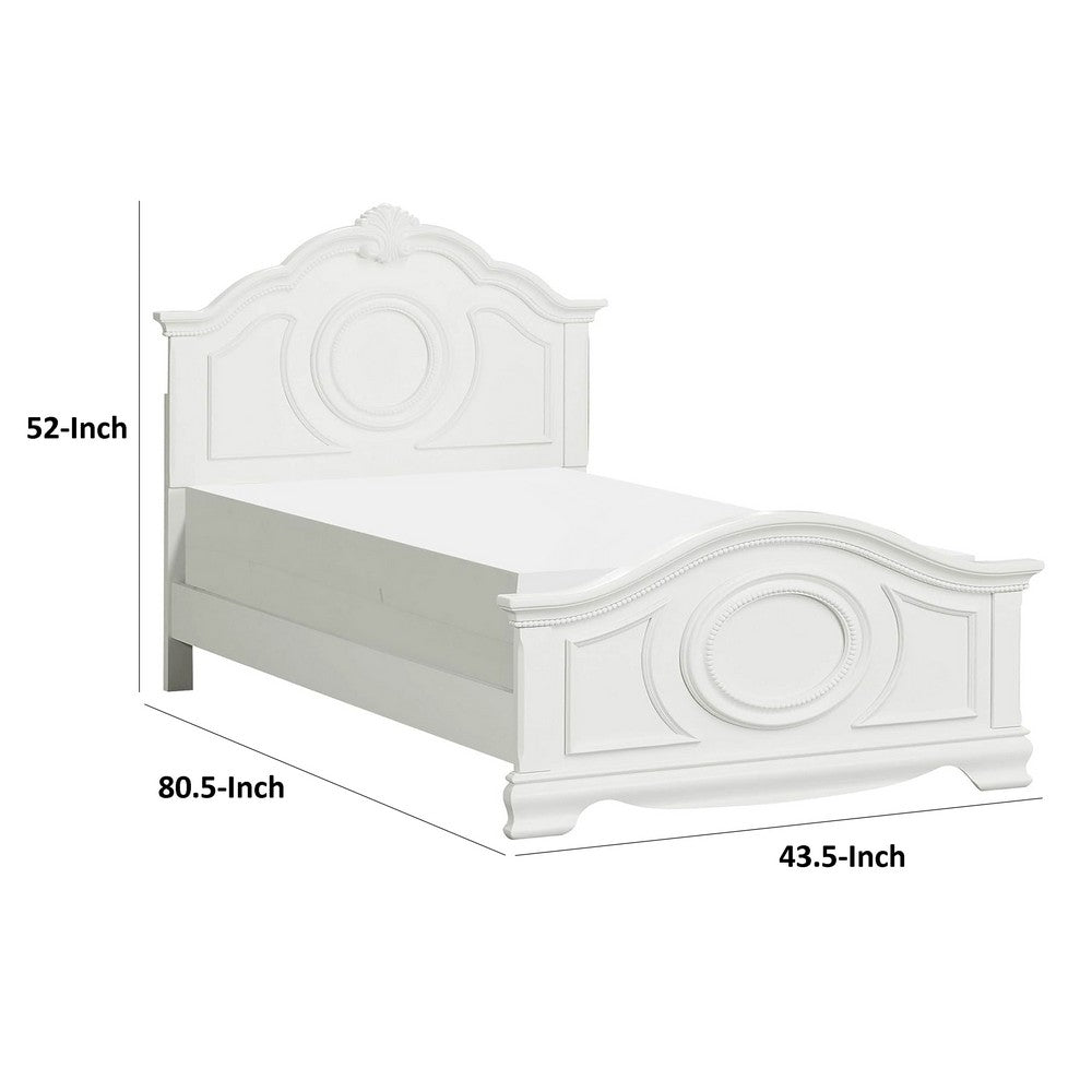 Benjara Aleci Twin Size Bed, Crown Molding And Bell-Shaped Design, White
