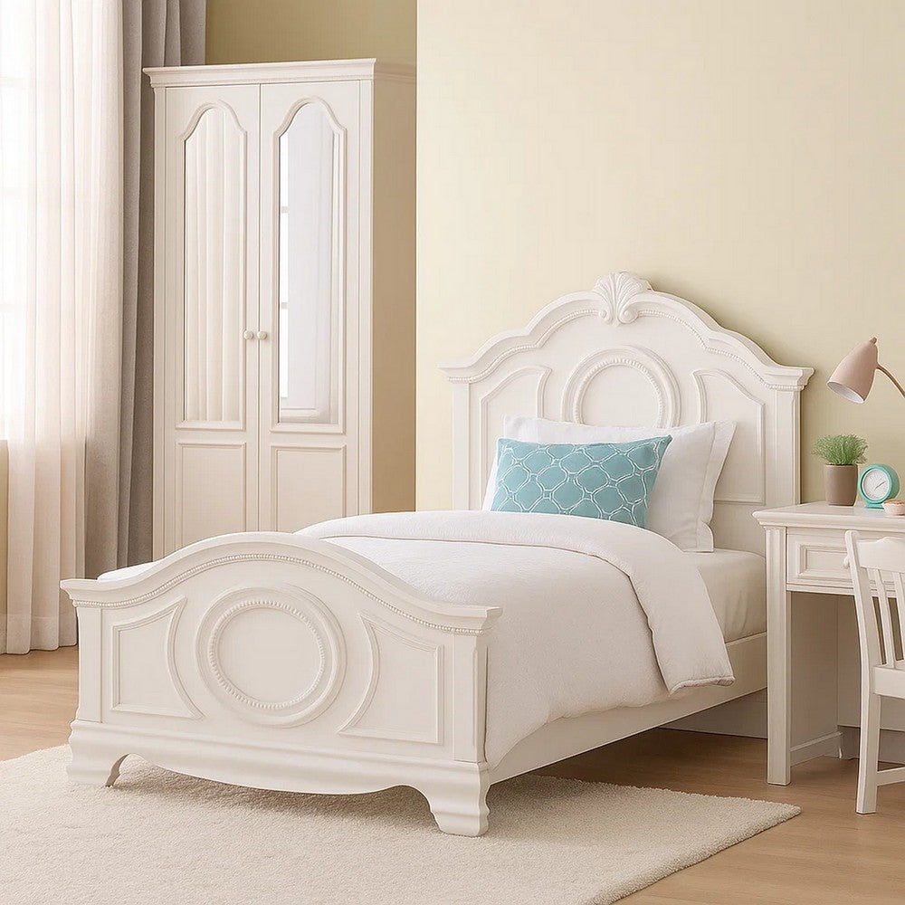 Benjara Aleci Twin Size Bed, Crown Molding And Bell-Shaped Design, White