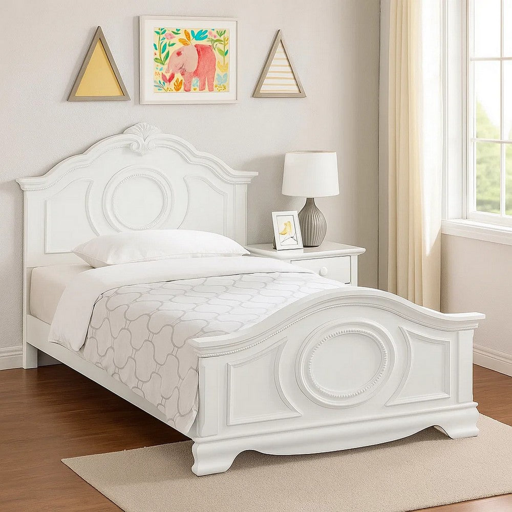 Benjara Aleci Twin Size Bed, Crown Molding And Bell-Shaped Design, White