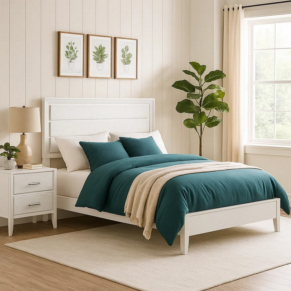 Benjara Tory King Size Bed, Wave Texture And Mitered Corners, Modern White