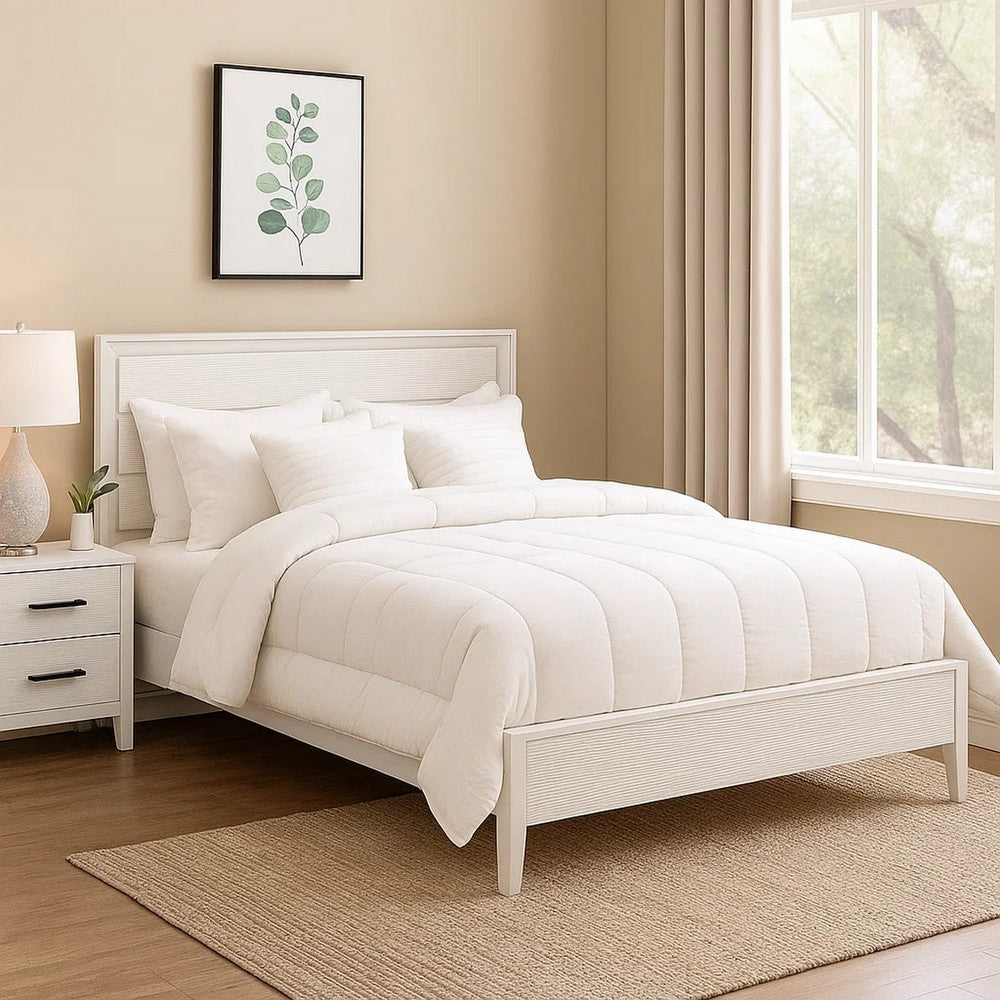 Benjara Tory King Size Bed, Wave Texture And Mitered Corners, Modern White