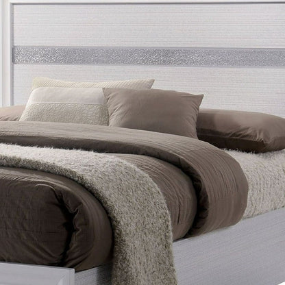 Benjara Cevy Full Size Bed, Footboard Drawers, White Wood w Glitter Accents
